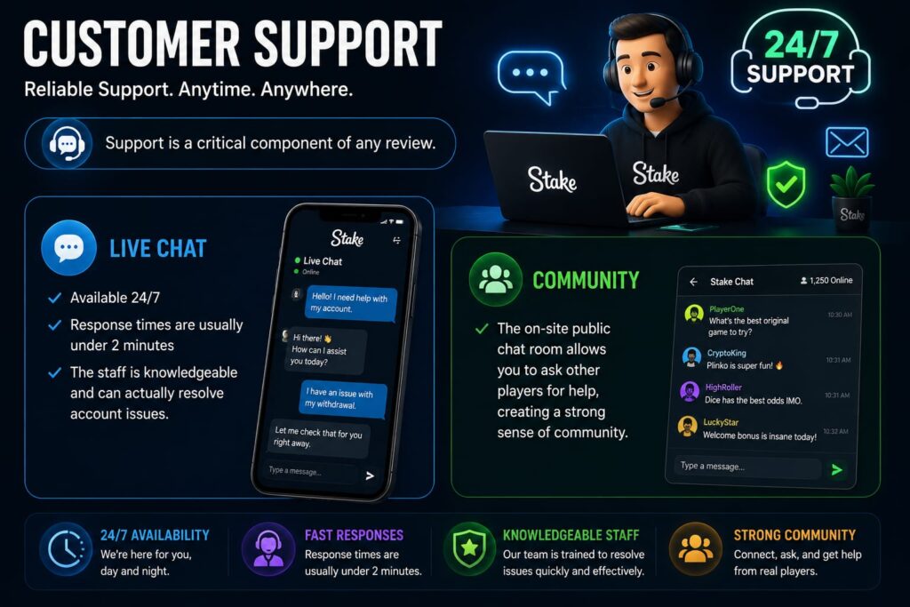 stake customer support with 24/7 live chat fast response times