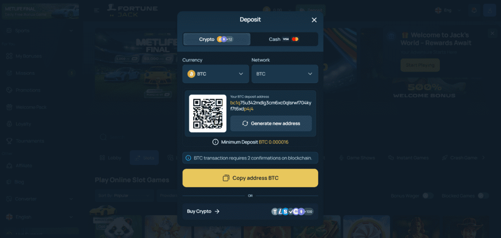 FortuneJack crypto deposit methods supporting bitcoin and cryptocurrency payments