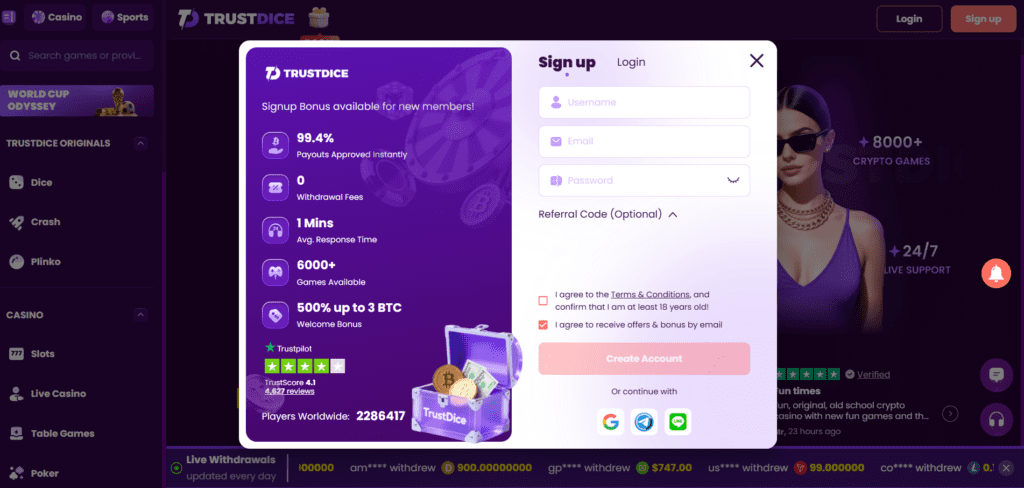TrustDice no KYC login and registration page 2026