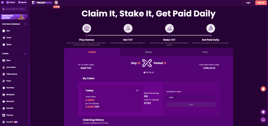 TrustDice TXT token rewards program with staking and daily payouts