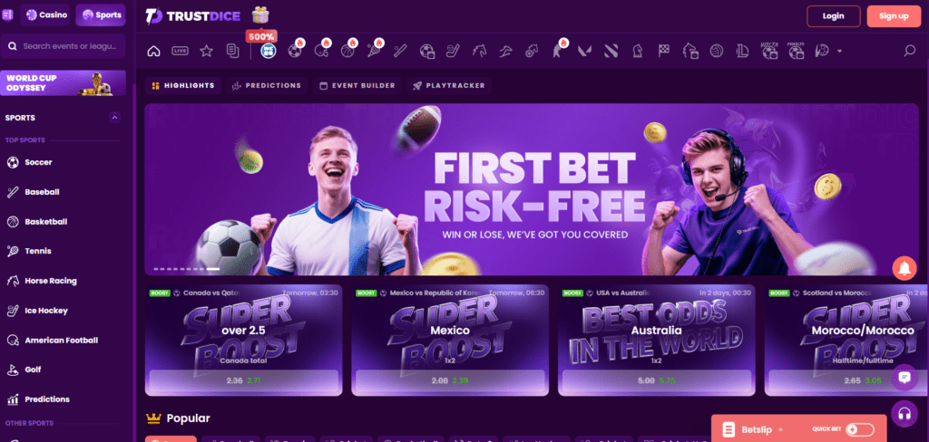 TrustDice sports betting platform with 45 plus sports markets and live betting options