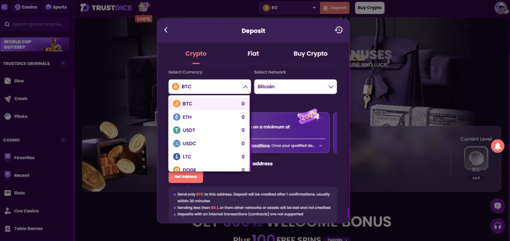 TrustDice No KYC Casino Review crypto payment methods with BTC ETH USDT and LTC deposits