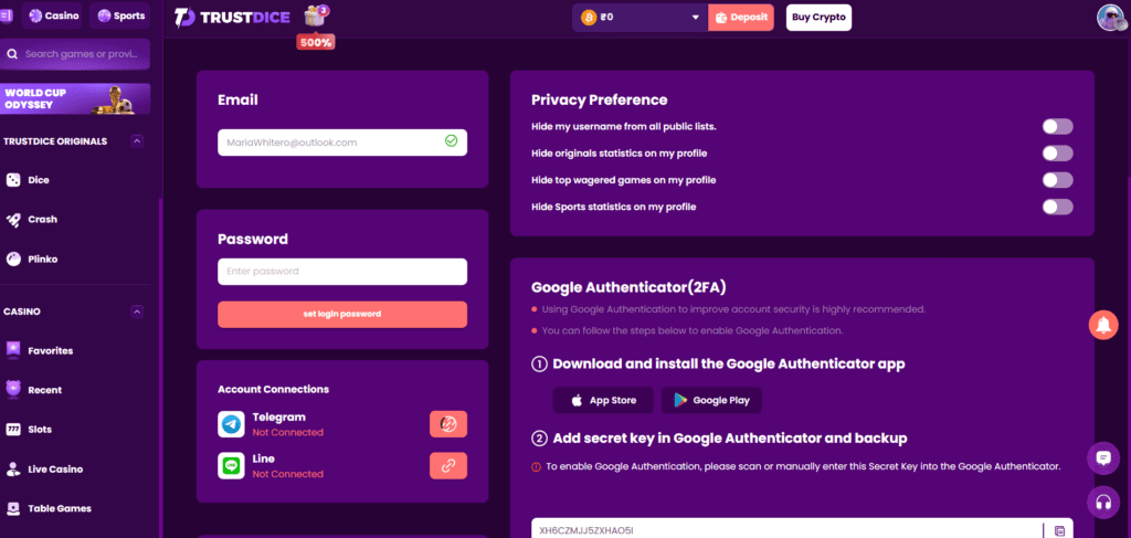 TrustDice security settings with password protection and 2FA authentication options