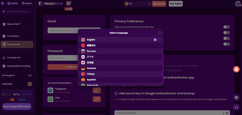 TrustDice language selection and global casino avaialability for international players