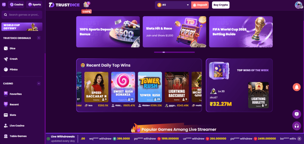 TrustDice casino dashboard showing user interface, navigation menu, sports section, and mobile-friendly design