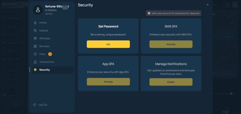 FortuneJack security settings with SMS 2FA and App 2FA authentication