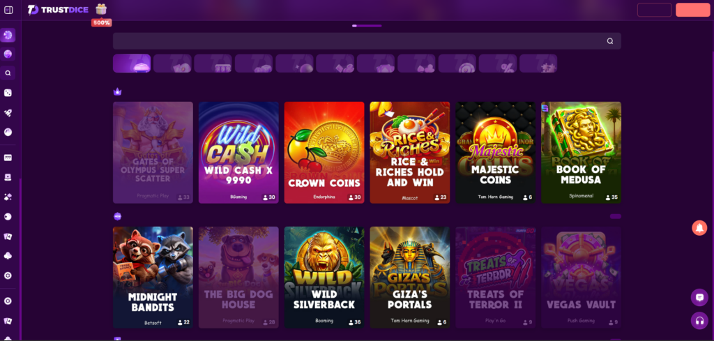 Trustdice casino games section showing slots, crash games, blackjack, poker, and 8000+ gaming options